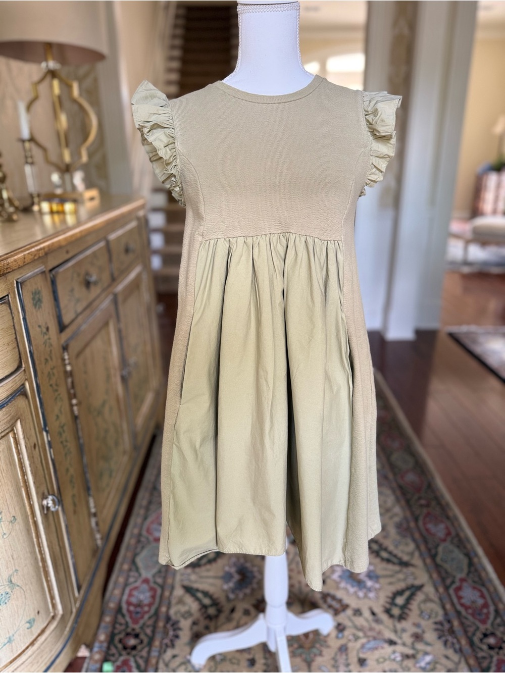 English Factory Olive Ruffle-Sleeve Casual Dress mixed media mini dress